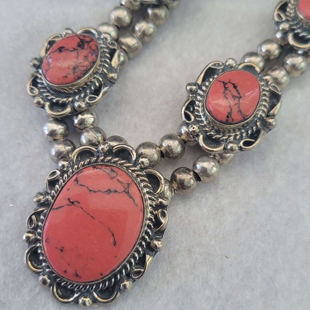 Mexico 925 Sterling Silver Red Cabochon Necklace 20 Inch Southwestern
